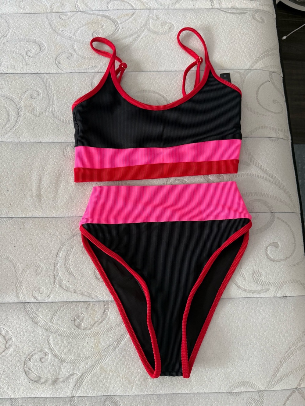 Beach Riot Black and Hot Pink Ribbed Two-Piece Bikini